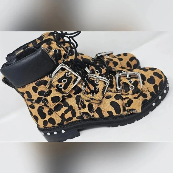 Topshop Leopard Print Pony Skin Ankle Boots  Buckles Biker Zip Size US 6.5 EU 37 - Picture 7 of 14
